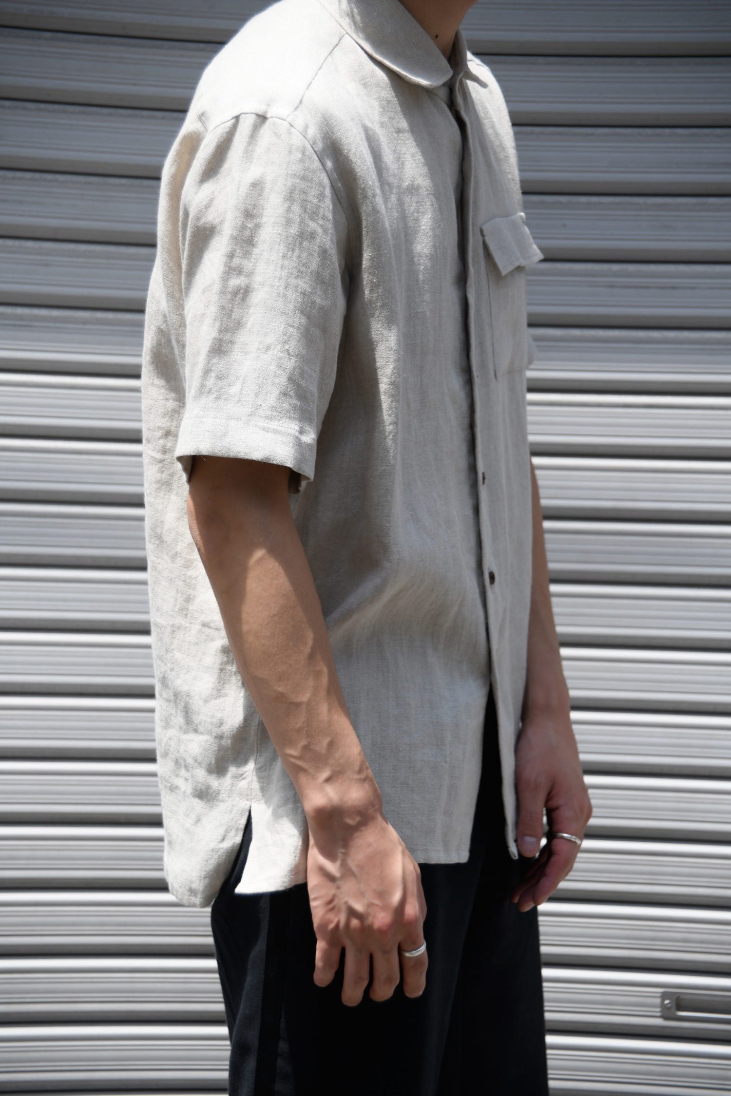 LOUNGE ACT / Linen Crepe Weave Short Sleeve Work Shirt